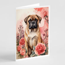 Load image into Gallery viewer, Bullmastiff Valentine Roses Greeting Cards - Blank Note Cards – 8-Pack of Artist-Designed Cards with Envelopes