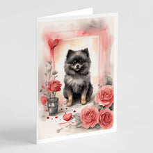 Load image into Gallery viewer, Black Pomeranian Valentine Roses Greeting Cards - Blank Note Cards – 8-Pack of Artist-Designed Cards with Envelopes