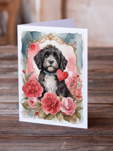 Load image into Gallery viewer, Portuguese Water Dog Valentine Roses Greeting Cards - Blank Note Cards – 8-Pack of Artist-Designed Cards with Envelopes