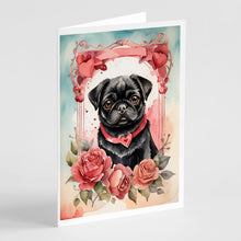 Load image into Gallery viewer, Black Pug Valentine Roses Greeting Cards - Blank Note Cards – 8-Pack of Artist-Designed Cards with Envelopes