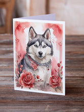 Load image into Gallery viewer, Siberian Husky Valentine Roses Greeting Cards - Blank Note Cards – 8-Pack of Artist-Designed Cards with Envelopes