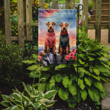 Load image into Gallery viewer, Airedale Terrier Two Hearts Garden Flag –  Romantic Dog Pair with Sunset &amp; Mountain Background