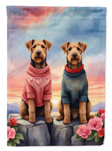 Load image into Gallery viewer, Airedale Terrier Two Hearts Garden Flag –  Romantic Dog Pair with Sunset &amp; Mountain Background