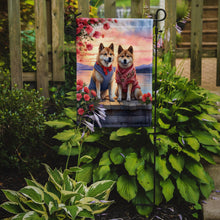 Load image into Gallery viewer, Akita Two Hearts Garden Flag –  Romantic Dog Pair with Sunset &amp; Mountain Background