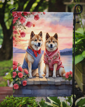 Load image into Gallery viewer, Akita Two Hearts Garden Flag –  Romantic Dog Pair with Sunset &amp; Mountain Background