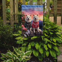 Load image into Gallery viewer, American Eskimo Two Hearts Garden Flag –  Romantic Dog Pair with Sunset &amp; Mountain Background