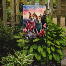 Load image into Gallery viewer, Basenji Two Hearts Garden Flag –  Romantic Dog Pair with Sunset &amp; Mountain Background