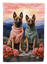 Load image into Gallery viewer, Belgian Malinois Two Hearts Garden Flag –  Romantic Dog Pair with Sunset &amp; Mountain Background