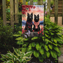 Load image into Gallery viewer, Belgian Sheepdog Two Hearts Garden Flag –  Romantic Dog Pair with Sunset &amp; Mountain Background