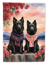 Load image into Gallery viewer, Belgian Sheepdog Two Hearts Garden Flag –  Romantic Dog Pair with Sunset &amp; Mountain Background