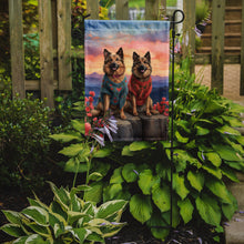 Load image into Gallery viewer, Belgian Tervuren Two Hearts Garden Flag –  Romantic Dog Pair with Sunset &amp; Mountain Background