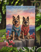 Load image into Gallery viewer, Belgian Tervuren Two Hearts Garden Flag –  Romantic Dog Pair with Sunset &amp; Mountain Background