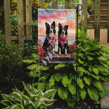 Load image into Gallery viewer, Border Collie Two Hearts Garden Flag –  Romantic Dog Pair with Sunset &amp; Mountain Background