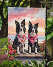 Load image into Gallery viewer, Border Collie Two Hearts Garden Flag –  Romantic Dog Pair with Sunset &amp; Mountain Background