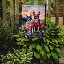 Load image into Gallery viewer, Boston Terrier Two Hearts Garden Flag –  Romantic Dog Pair with Sunset &amp; Mountain Background