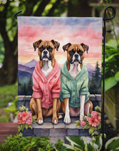 Load image into Gallery viewer, Boxer Two Hearts Garden Flag –  Romantic Dog Pair with Sunset &amp; Mountain Background