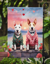 Load image into Gallery viewer, Bull Terrier Two Hearts Garden Flag –  Romantic Dog Pair with Sunset &amp; Mountain Background