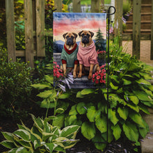 Load image into Gallery viewer, Bullmastiff Two Hearts Garden Flag –  Romantic Dog Pair with Sunset &amp; Mountain Background