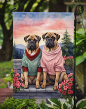 Load image into Gallery viewer, Bullmastiff Two Hearts Garden Flag –  Romantic Dog Pair with Sunset &amp; Mountain Background