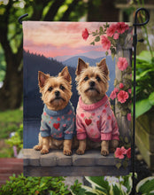 Load image into Gallery viewer, Cairn Terrier Two Hearts Garden Flag –  Romantic Dog Pair with Sunset &amp; Mountain Background