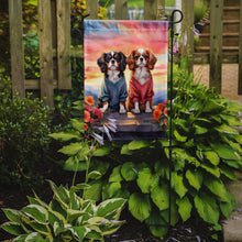 Load image into Gallery viewer, Cavalier Spaniel Two Hearts Garden Flag –  Romantic Dog Pair with Sunset &amp; Mountain Background