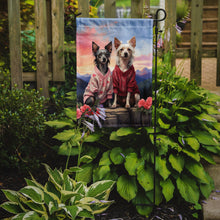 Load image into Gallery viewer, Chinese Crested Two Hearts Garden Flag –  Romantic Dog Pair with Sunset &amp; Mountain Background