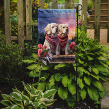Load image into Gallery viewer, Clumber Spaniel Two Hearts Garden Flag –  Romantic Dog Pair with Sunset &amp; Mountain Background