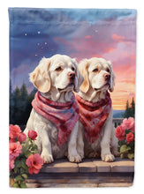 Load image into Gallery viewer, Clumber Spaniel Two Hearts Garden Flag –  Romantic Dog Pair with Sunset &amp; Mountain Background
