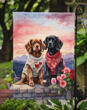 Load image into Gallery viewer, Cocker Spaniel Two Hearts Garden Flag –  Romantic Dog Pair with Sunset &amp; Mountain Background
