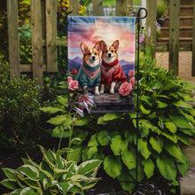 Load image into Gallery viewer, Corgi Two Hearts Garden Flag –  Romantic Dog Pair with Sunset &amp; Mountain Background