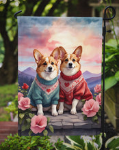 Load image into Gallery viewer, Corgi Two Hearts Garden Flag –  Romantic Dog Pair with Sunset &amp; Mountain Background