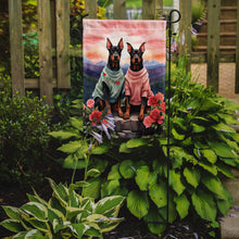 Load image into Gallery viewer, Doberman Pinscher Two Hearts Garden Flag –  Romantic Dog Pair with Sunset &amp; Mountain Background