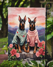 Load image into Gallery viewer, Doberman Pinscher Two Hearts Garden Flag –  Romantic Dog Pair with Sunset &amp; Mountain Background