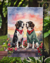 Load image into Gallery viewer, English Springer Spaniel Two Hearts Garden Flag –  Romantic Dog Pair with Sunset &amp; Mountain Background