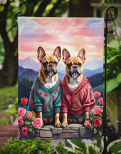 Load image into Gallery viewer, French Bulldog Two Hearts Garden Flag –  Romantic Dog Pair with Sunset &amp; Mountain Background