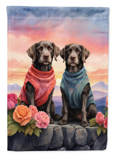 Load image into Gallery viewer, German Wirehaired Pointer Two Hearts Garden Flag –  Romantic Dog Pair with Sunset &amp; Mountain Background