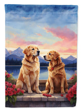 Load image into Gallery viewer, Golden Retriever Two Hearts Garden Flag –  Romantic Dog Pair with Sunset &amp; Mountain Background