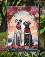 Load image into Gallery viewer, Great Dane Two Hearts Garden Flag –  Romantic Dog Pair with Sunset &amp; Mountain Background
