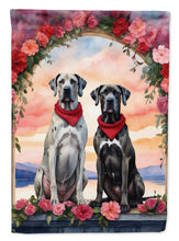 Load image into Gallery viewer, Great Dane Two Hearts Garden Flag –  Romantic Dog Pair with Sunset &amp; Mountain Background