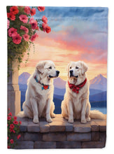 Load image into Gallery viewer, Great Pyrenees Two Hearts Garden Flag –  Romantic Dog Pair with Sunset &amp; Mountain Background
