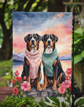 Load image into Gallery viewer, Greater Swiss Mountain Dog Two Hearts Garden Flag –  Romantic Dog Pair with Sunset &amp; Mountain Background