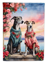 Load image into Gallery viewer, Greyhound Two Hearts Garden Flag –  Romantic Dog Pair with Sunset &amp; Mountain Background