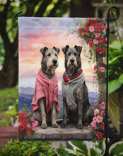 Load image into Gallery viewer, Irish Wolfhound Two Hearts Garden Flag –  Romantic Dog Pair with Sunset &amp; Mountain Background