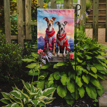 Load image into Gallery viewer, Italian Greyhound Two Hearts Garden Flag –  Romantic Dog Pair with Sunset &amp; Mountain Background