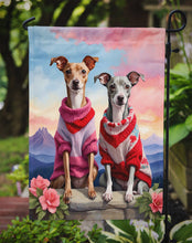 Load image into Gallery viewer, Italian Greyhound Two Hearts Garden Flag –  Romantic Dog Pair with Sunset &amp; Mountain Background