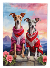 Load image into Gallery viewer, Italian Greyhound Two Hearts Garden Flag –  Romantic Dog Pair with Sunset &amp; Mountain Background