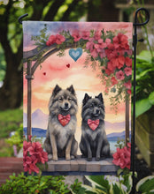 Load image into Gallery viewer, Keeshond Two Hearts Garden Flag –  Romantic Dog Pair with Sunset &amp; Mountain Background