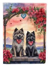Load image into Gallery viewer, Keeshond Two Hearts Garden Flag –  Romantic Dog Pair with Sunset &amp; Mountain Background