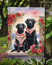 Load image into Gallery viewer, Black Labrador Retriever Two Hearts Garden Flag –  Romantic Dog Pair with Sunset &amp; Mountain Background