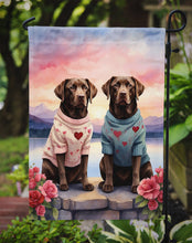 Load image into Gallery viewer, Chocolate Labrador Retriever Two Hearts Garden Flag –  Romantic Dog Pair with Sunset &amp; Mountain Background
